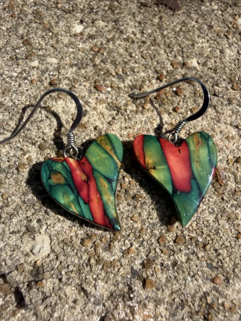Colorful Dyed Burl Wood Heart Drop Earrings Handcrafted Bohemian Eco Friendly
